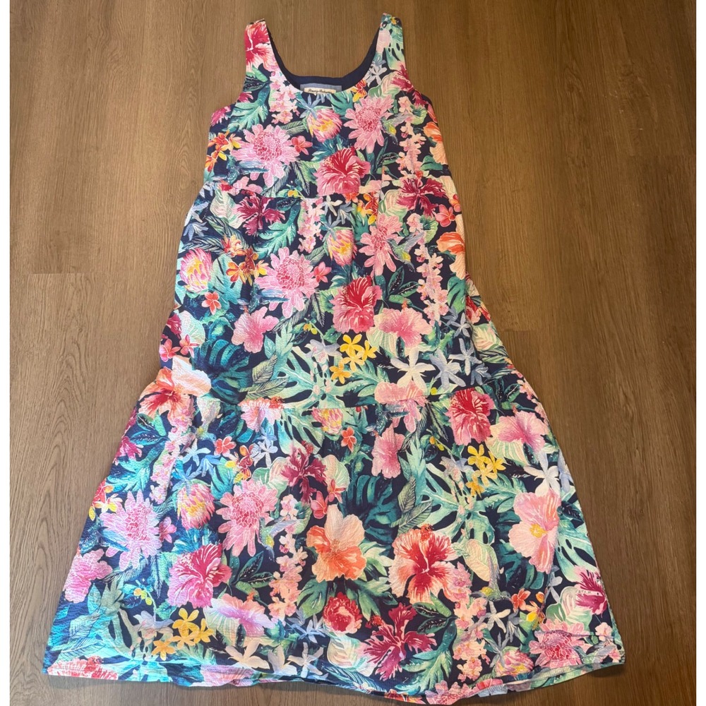 Tommy Bahama Womens Tropical Floral Tiered Maxi Dress Blue Pink Medium